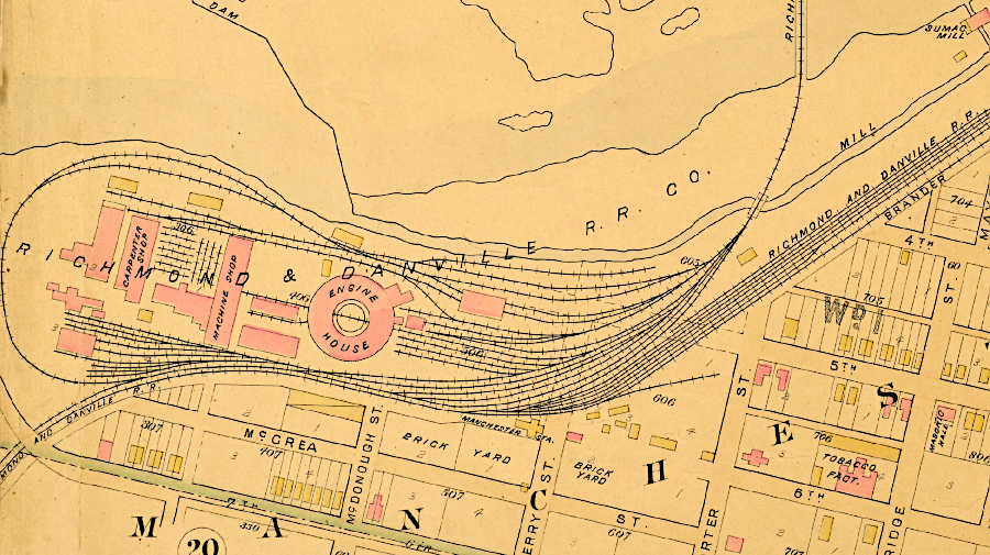 the Richmond and Danville Railroad yard and roundhouse were on the south bank of the James River