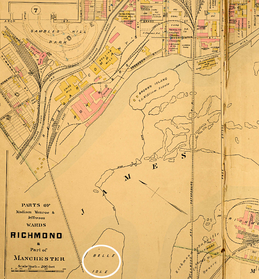 soon after the Civil War, the Richmond and Danville Railroad built a bridge connecting Belle Isle to the north bank of the James River