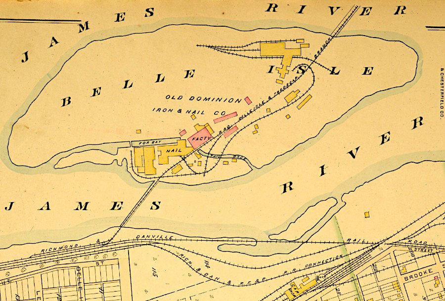 soon after the Civil War, the Richmond and Danville Railroad built a bridge connecting Belle Isle to the north bank of the James River