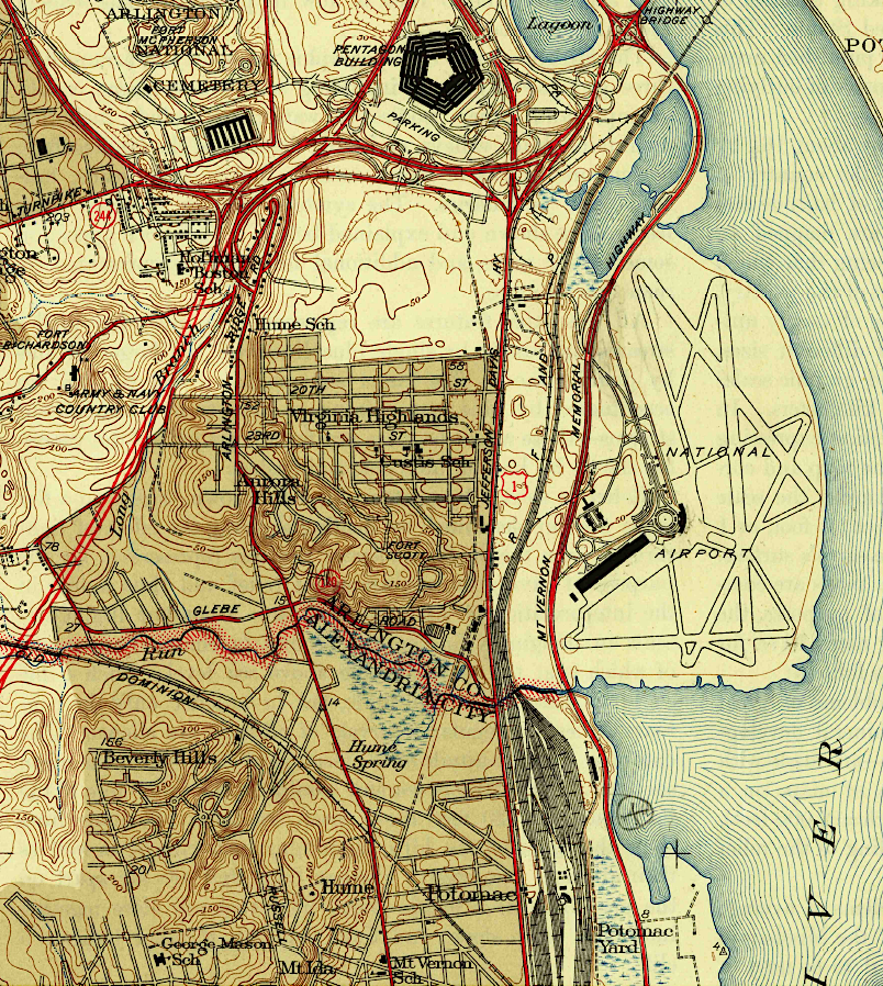 the 1945 topographic map shows the Richmond, Fredercksburg and Potomac (RF&P) Railroad between Potomac Yard and Long Bridge