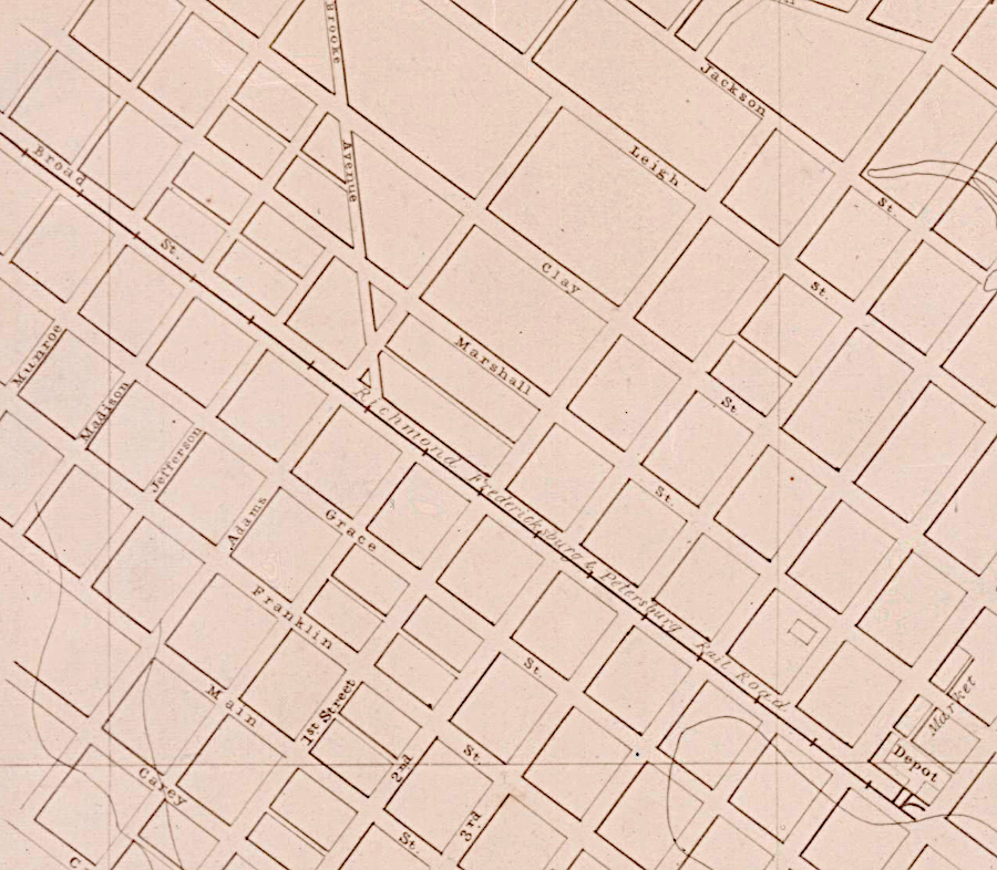 the Richmond, Fredericksburg and Potomac Railroad depot was located on Broad Street