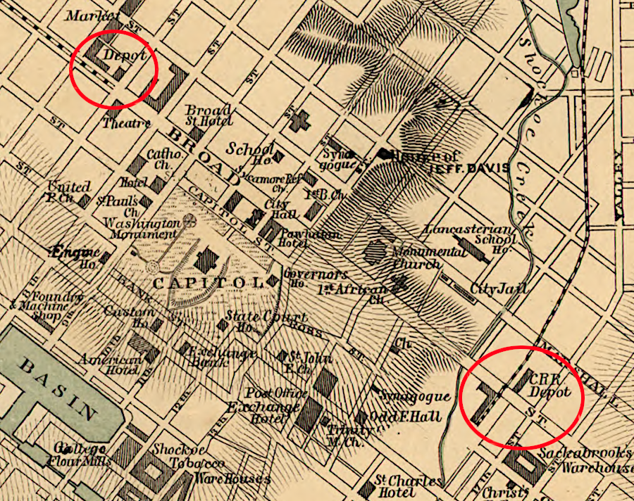 the Richmond, Fredericksburg and Potomac Railroad and the Virginia Central terminals in Richmond were not connected by track when the Civil War started