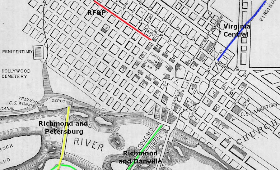 in 1861 the Richmond, Fredericksburg and Potomac Railroad (red) was not connected in Richmond to any other railroad