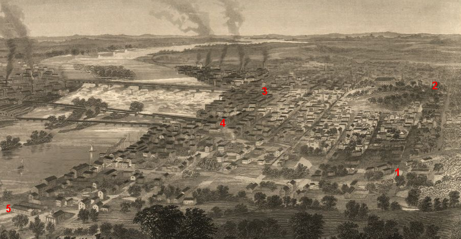 before the Civil War, railroad freight stations in Richmond - the Virginia Central (1), RF&P (2), Richmond and Petersburg (3), Richmond and Danville (4), and Richmond and York River (5) - were not connected by rail