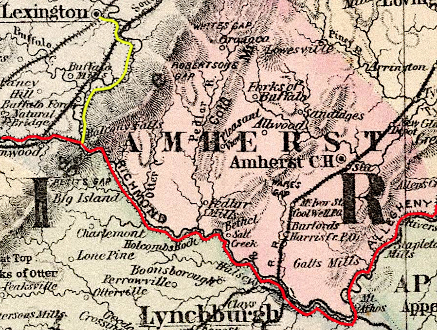 the Richmond and Alleghany Railroad built track on the towpath of the canal branch to Lexington (yellow), as well as the James River (red)