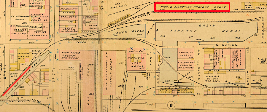 the Richmond and Alleghany Railroad freight depot was next to the canal's turning basin in downtown Richmond