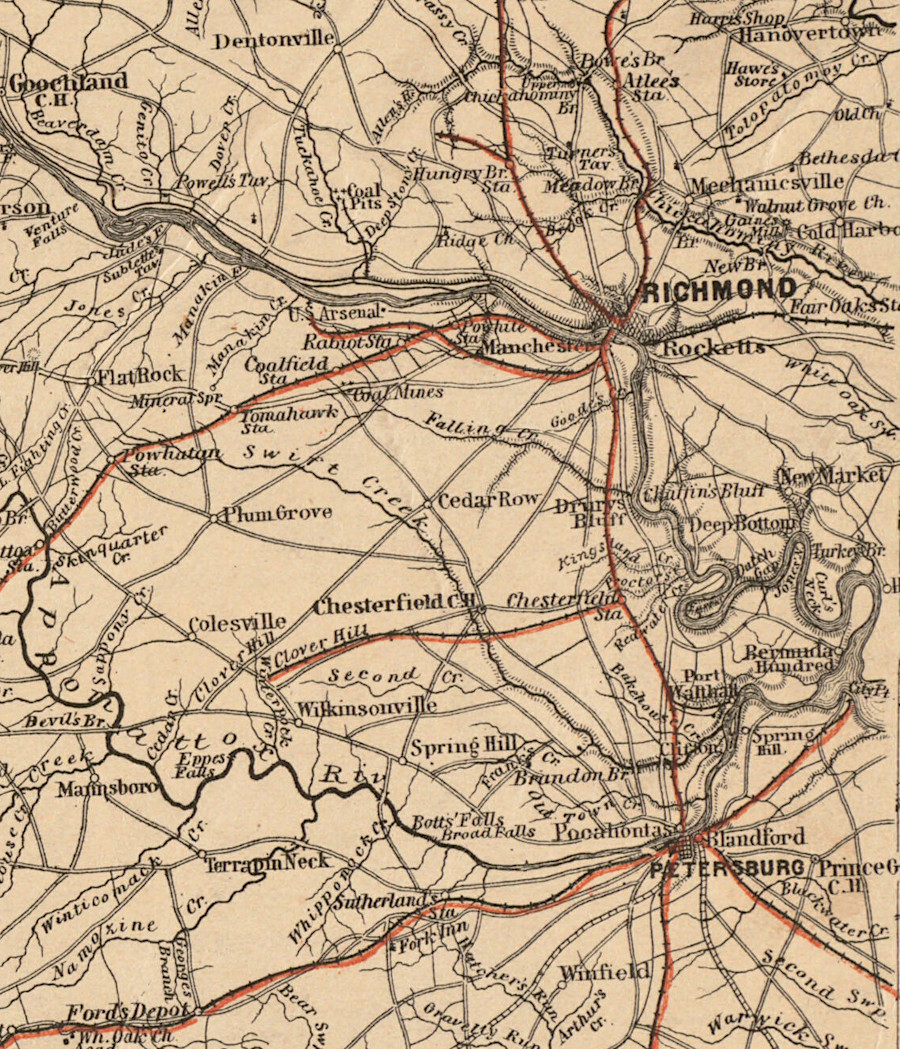 Richmond and Petersburg were able to receive troops and supplies through railroads connecting to the rest of the state