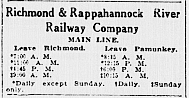 Richmond & Rappahannock River Railway timetable in 1915