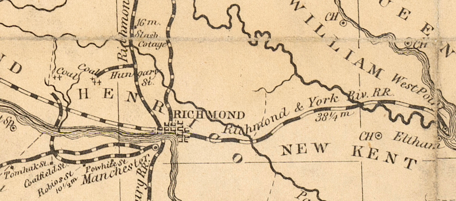 the Richmond and York River Railroad never built west of Richmond to the coal fields in Chestergfield/Henrico counties