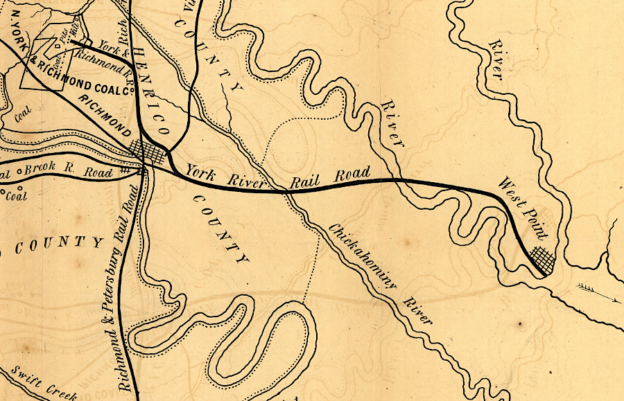 the Richmond and York River Railroad never built west of Richmond to the coal fields in Chestergfield/Henrico counties