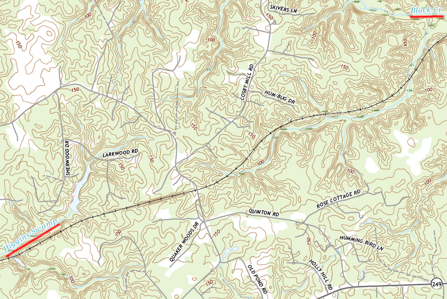the Richmond and York River Railroad crossed the watershed divide between the Chickahominy and Pamunkey rivers near Quinton