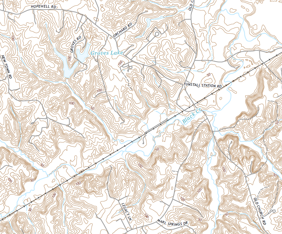to minimize grade in western New Kent County, the Richmond and York River Railroad built through the valley of Black Creek