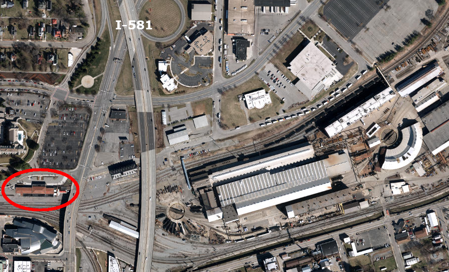 the Locomotive Shop in Roanoke was located east of I-581 and the historic old passenger station (red circle)