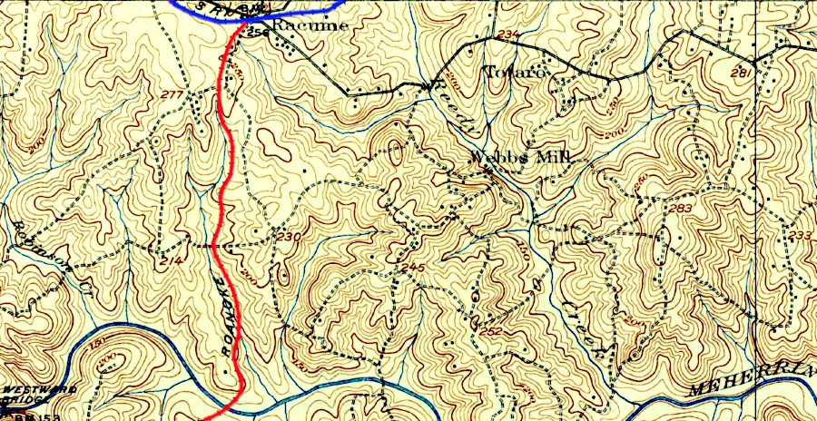 the Roanoke Railway (red) linked to the Southern Railway (blue) at Racume, VA