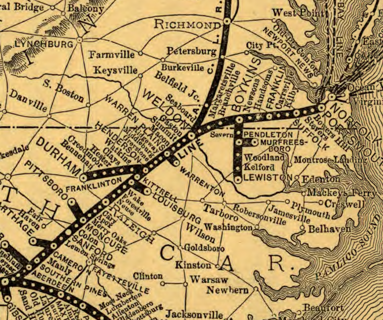 in 1896, the Roanoke & Tar River Railroad was marketed as part of the Seaboard Air Line consortium