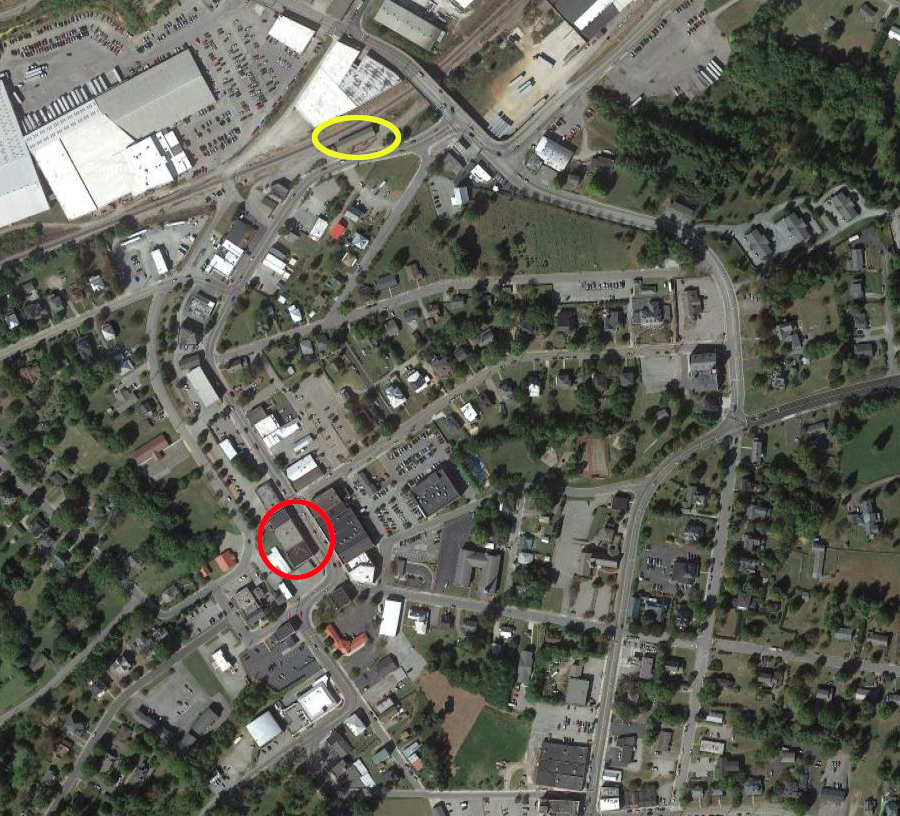 locations of the depots of the original Franklin and Pittsylvania Railroad (red) and later Norfolk and Western Railway (yellow) in Rocky Mount