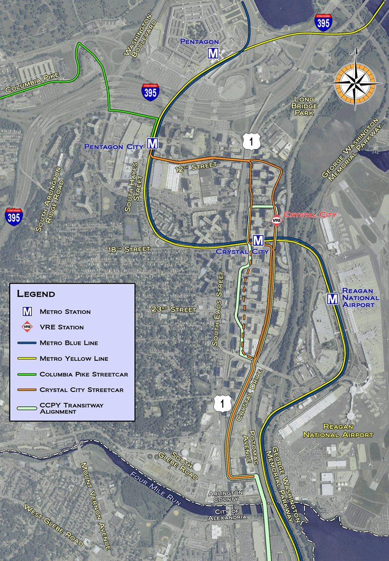 the Columbia Pike light rail system was designed to be extended through Crystal City, linking mixed-use developments between the Pentagon City Metrorail station and Glebe Road
