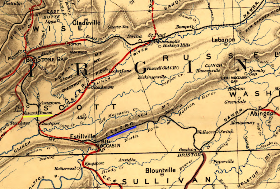 the South Atlantic and Ohio (SA&O) Railway connected Bristol to Big Stone Gap via Natural Tunnel in 1890, before it was incorporated into the Virginia and Southwestern Railroad