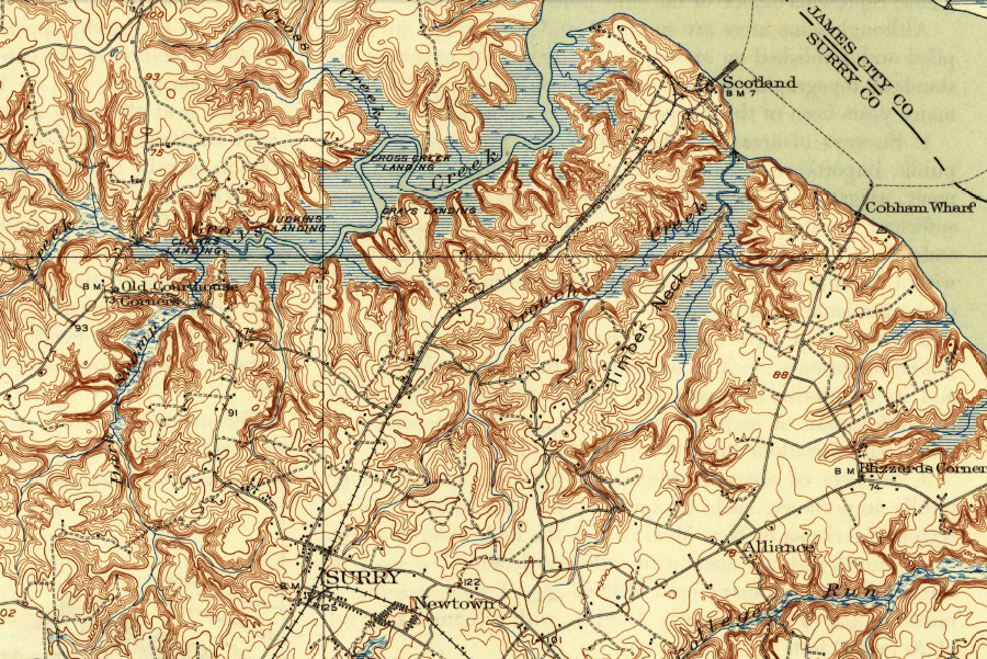 after emerging from bankruptcy in 1886, the Surry, Sussex and Southampton Railway built a separate narrow-gauge line to Scotland Wharf on the James River across from Jamestown