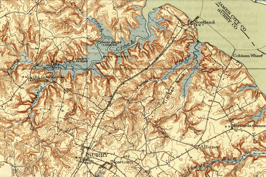 the Surry, Sussex and Southampton Railway built a narrow-gauge line to the James River at Scotland Wharf, opposite Jamestown