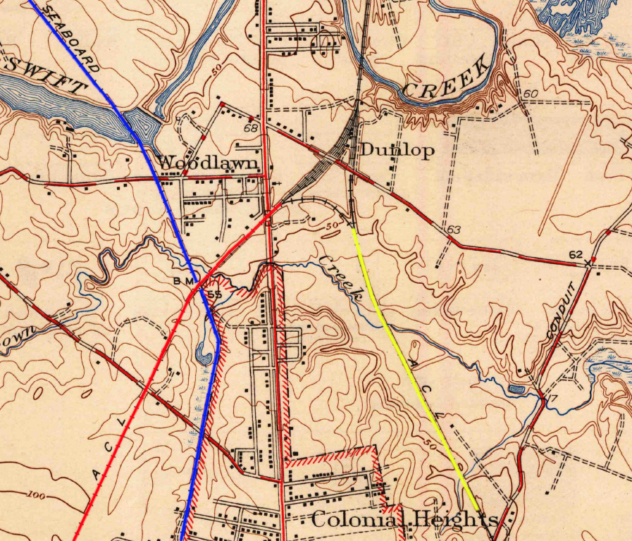 the Seaboard Air Line (blue) paralleled two segments of the Atlantic Coast Line north of Petersburg in 1944