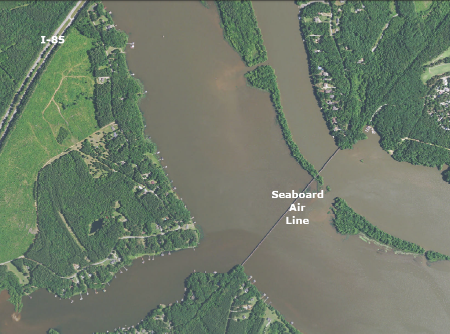 after the 1967 merger the track built by the Richmond, Petersburg & Carolina Railroad (the S Line), includng the bridge over Lake Gaston, was taken out of service