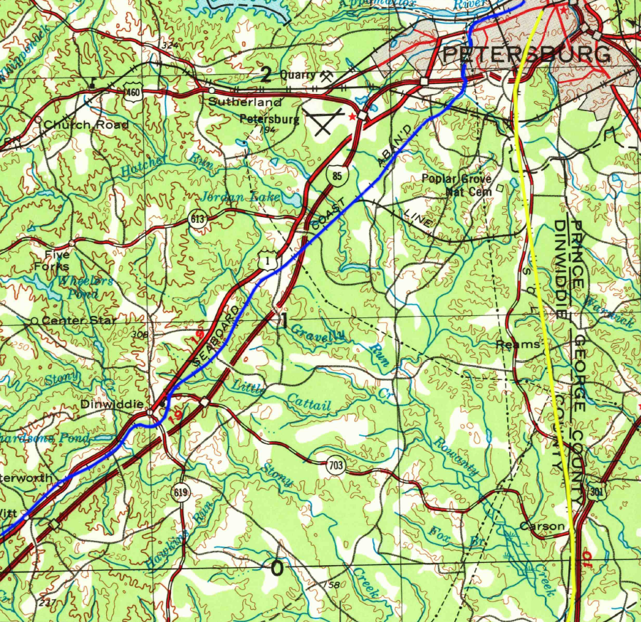 the Seaboard Air Line route between Petersburg-Norlina (blue) was abandoned and the Atlantic Coast Line route (yellow) became the main line, after the two railroads formed the Seaboard Coast Line