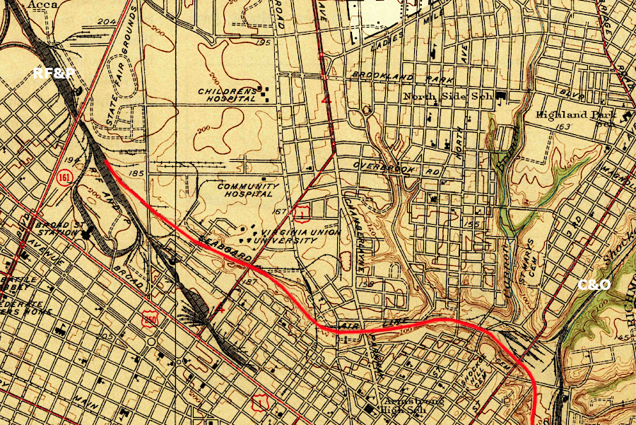 the Seaboard Air Line (red) connected with the Richmond, Fredericksburg and Potomac (RF&P) in Richmond, next to Broad Street Station