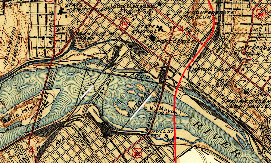 the Seaboard Air Line (red) was one of three railroads crossing the James River into downtown Richmond in 1939
