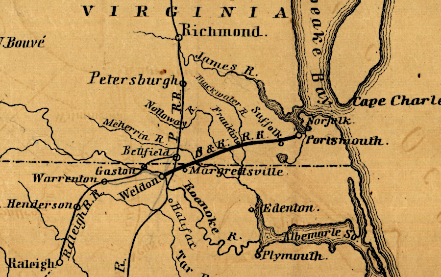 in 1847, the Seaboard and Roanoke Railroad provided an alternative route to a Chesapeake Bay port