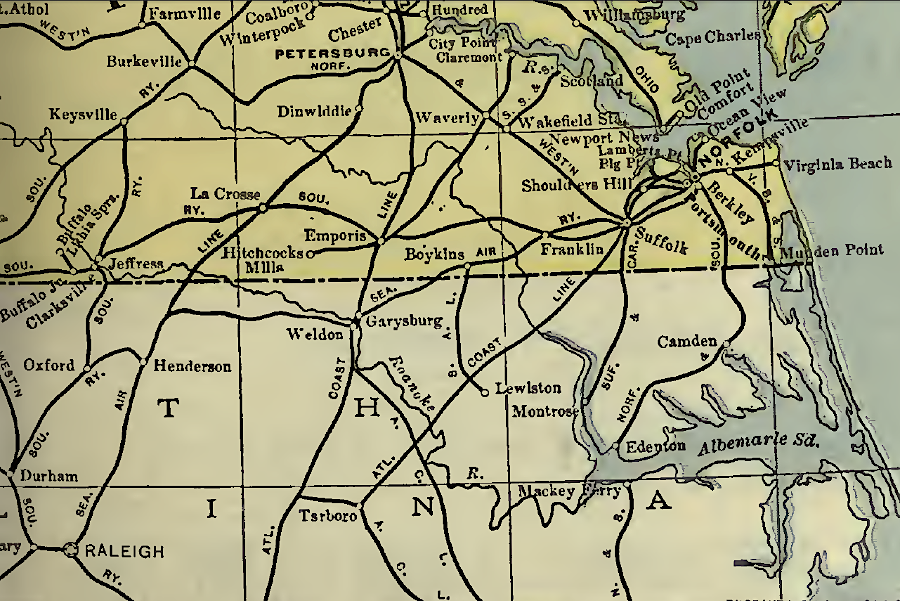 in 1901, the Seaboard Air Line and Atlantic Coast Line competed with the Norfolk and Western Railroad for the Hampton Roads traffic going inland beyond the Fall Line