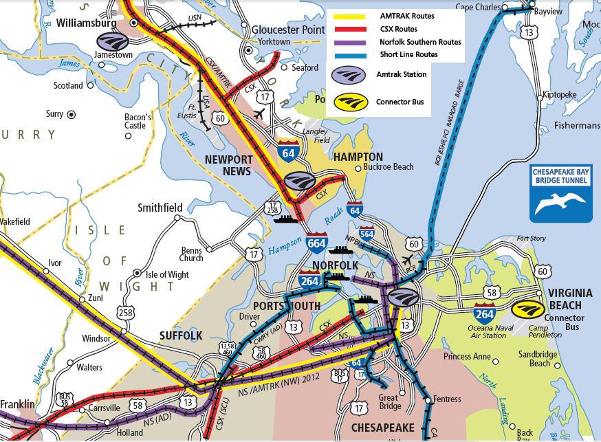 railroads in southeastern Virginia include both Class 1 rail lines (CSX and Norfolk Southern), plus four of the nine Class 2 shortlines in Virginia (Delmarva Central Railroad, Chesapeake and Albemarle, Norfolk and Portsmouth Beltline, and Commonwealth Railway)