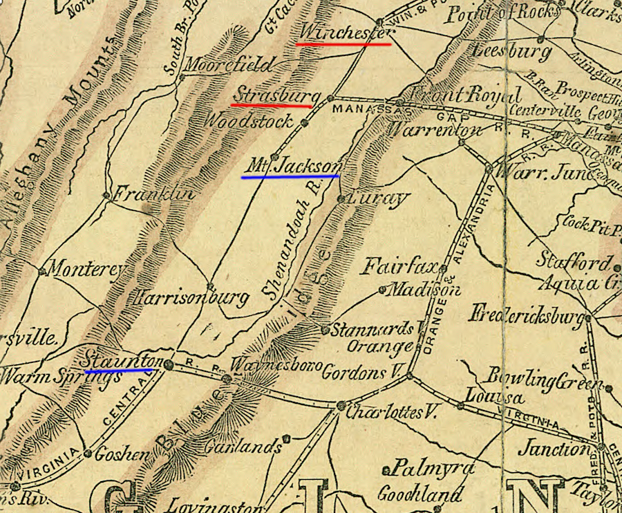 in 1861, there were gaps in Shenandoah Valely railroad connections between Winchester-Strasburg and Mount Jackson-Staunton