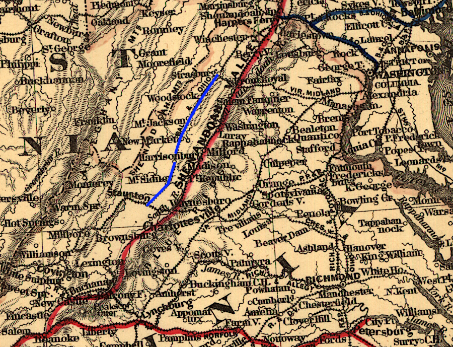 a segment (blue line) of the Valley Railroad in 1881 is now called the Shenandoah Valley Railroad, using the name of a competing 1800's line built east of Massanutten Mountain