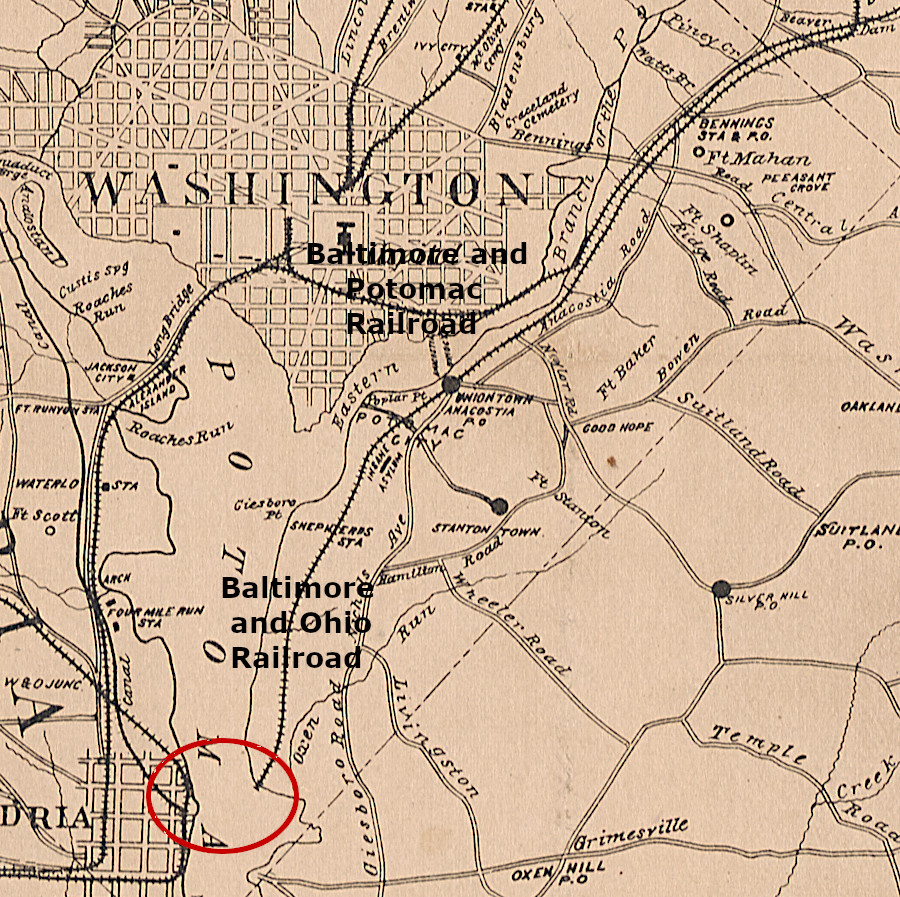 the Baltimore and Ohio Railroad built a branch line at Shepherds Landing and floated rail cars to Alexandria, after the Pennsylvania Railroad blocked acces via Long Bridge