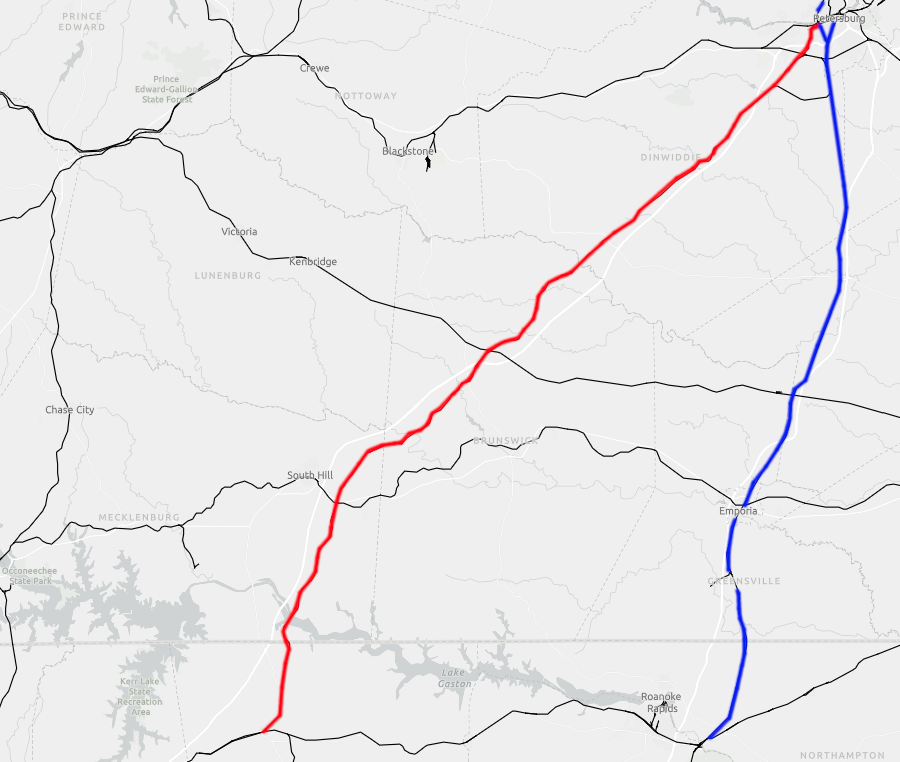 the Seaboard Air Line built track (red line) from Petersburg to Norlina, eliminating the use of the rival Atlantic Coast Line track from Weldon to Petersburg (blue line)