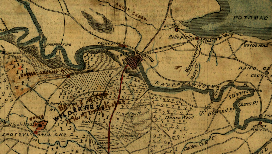 the Richmond, Fredericksburg and Potomac Railroad built its northern connection originally at Belle Plain but later switched to Aquia Landing, and the Union Army used Belle Plain as its primary supply point during the 1864 Overland Campaign