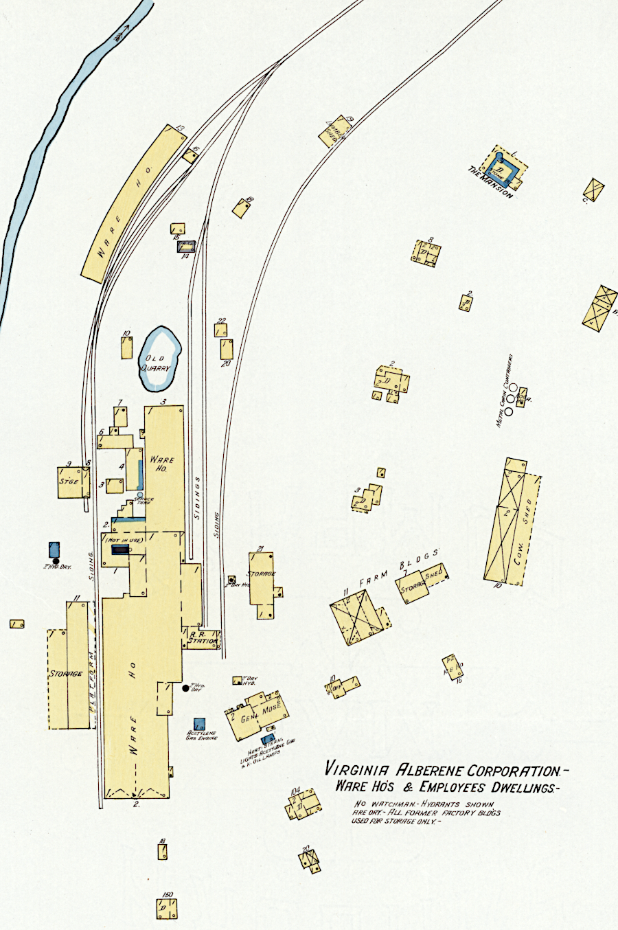 in 1920, company housing still surrounded the company warehouse (former mill) at Alberene