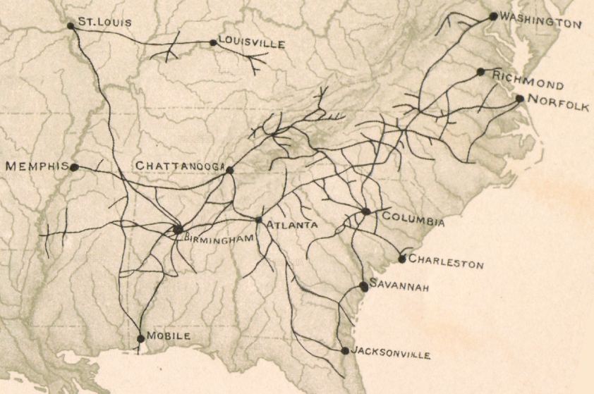 by 1913, the Southern Railroad used the old routes of the Orange and Alexandria railroad and the Richmond and Danville railroad to link Washington, DC/Richmond to Atlanta