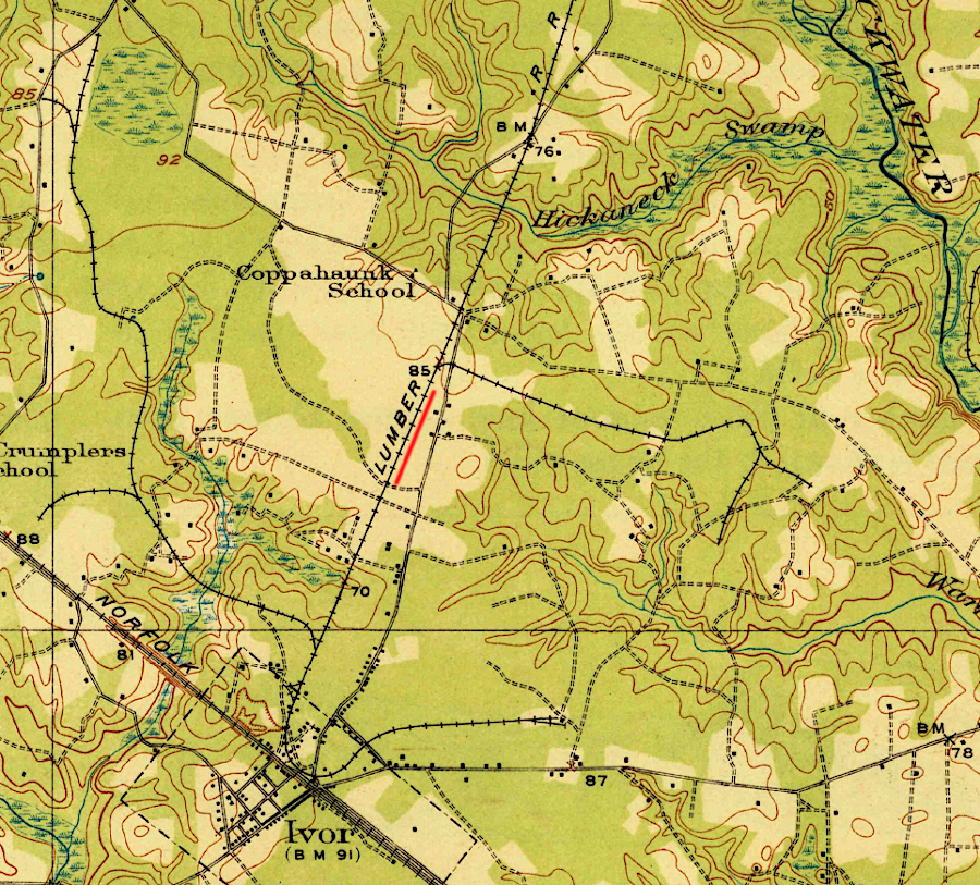the Surry, Sussex and Southampton Railway built branch lines east of Waverly, crossing the Norfolk and Western Railway again at Ivor and the Virginia Railway at Sedley