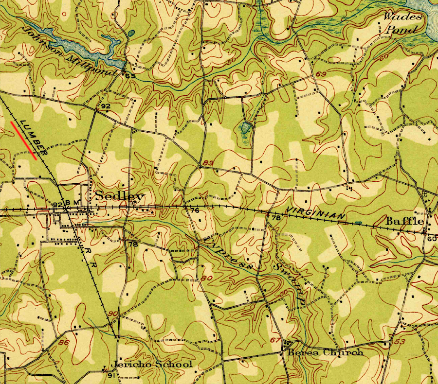 the Surry, Sussex and Southampton Railway built branch lines east of Waverly, crossing the Norfolk and Western Railway again at Ivor and the Virginia Railway at Sedley