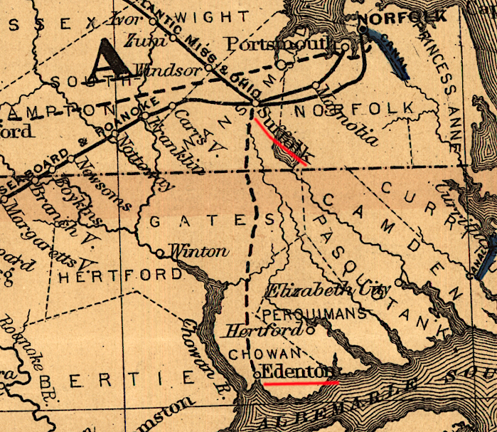 the Suffolk & Carolina Railway planned in 1874 to connect Suffolk and Edenton