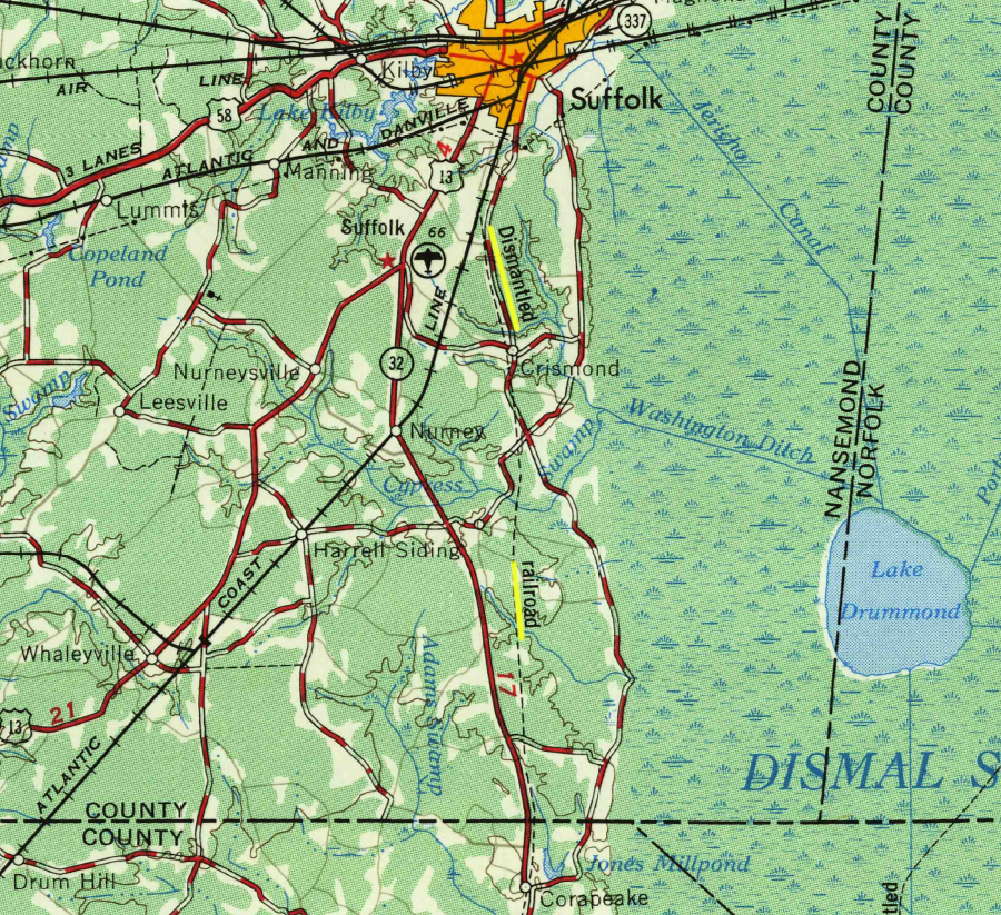 the Suffolk and Carolina Railroad was mapped as dismantled in 1953