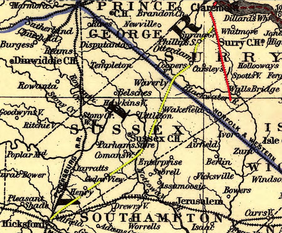 the Surry County Railroad & Lumber Company partnered with the Atlantic and Danville Railroad to build to Claremont (yellow line), then the Atlantic and Danville Railroad built to Emporia (yellow line)
