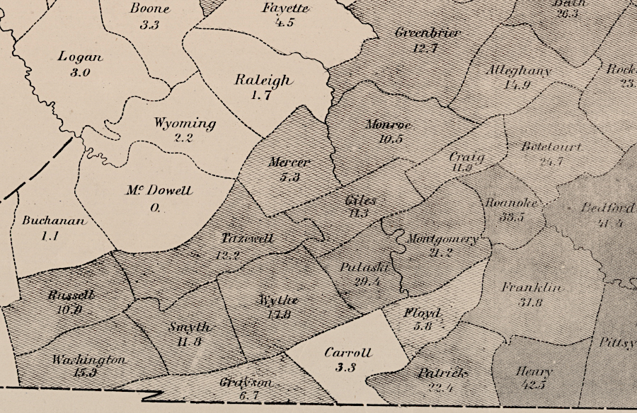 by 1860, slavery was common west of the Blue Ridge along the route of the Virginia and Tennesssee Railroad