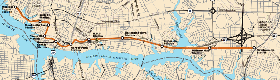 the initial 7.4 mile light rail system in Norfolk provides transit services downtown, with extensions proposed to the Norfolk Naval Station and to Town Center/Oceanfront in Virginia Beach