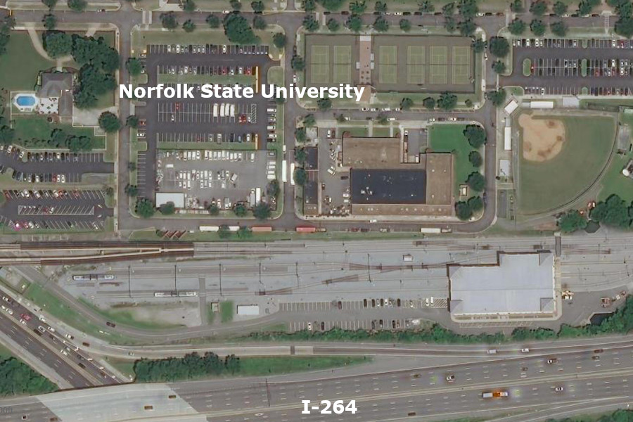 the rail yard for The Tide was located between Norfolk State University and I-264, not at one of the endpoints