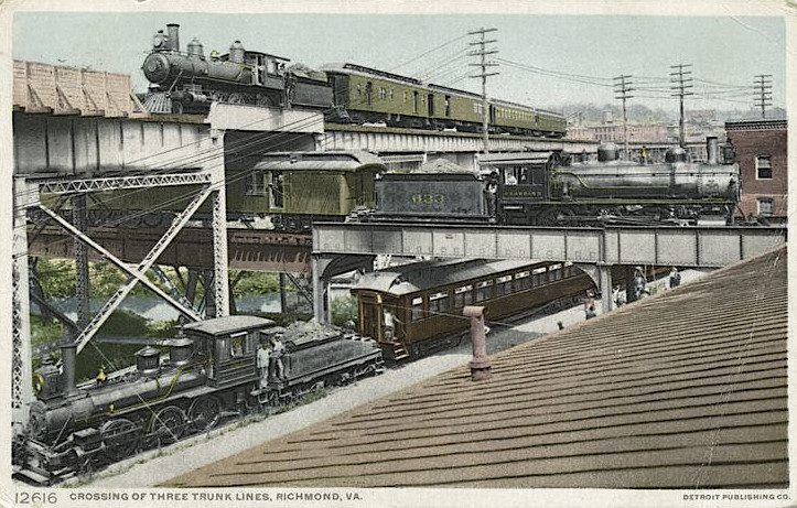 the Chesapeake and Ohio (C&O) Railroad viaduct on the Richmond waterfront was the top level of Richmond's unique Triple Crossing (as seen in a postcard painting)