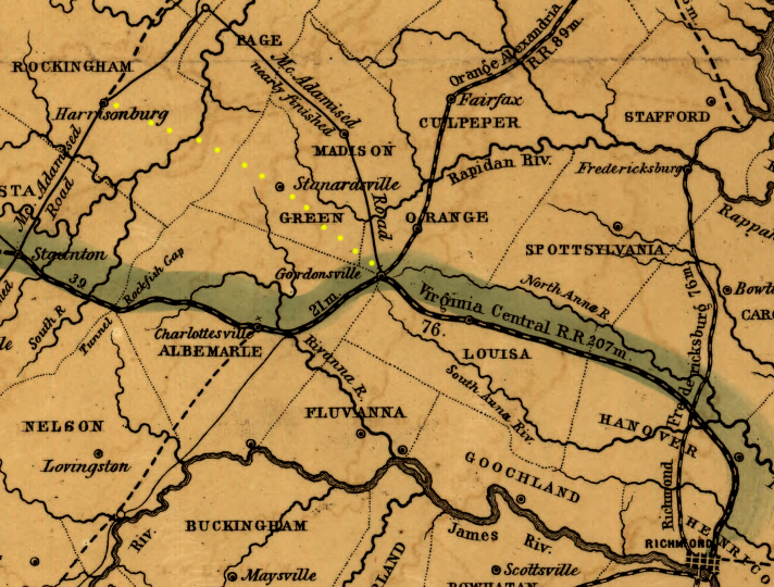 the planned Virginia Central path to Harrisonburg through Swift Run Gap (yellow dots) was not built - the railroad was routed through Charlottesville, crossed the Blue Ridge at Rockfish Gap, and went to Staunton instead