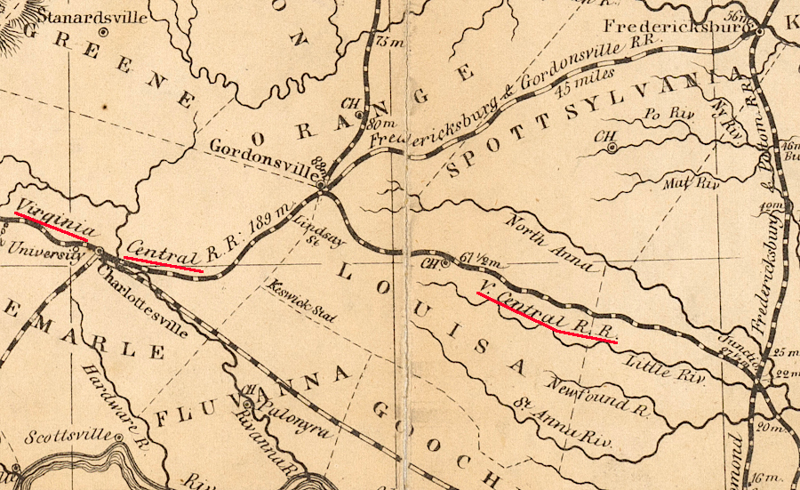 the Virginia Central connected Richmond to Gordonsville, Charlottesville, and Staunton in 1858